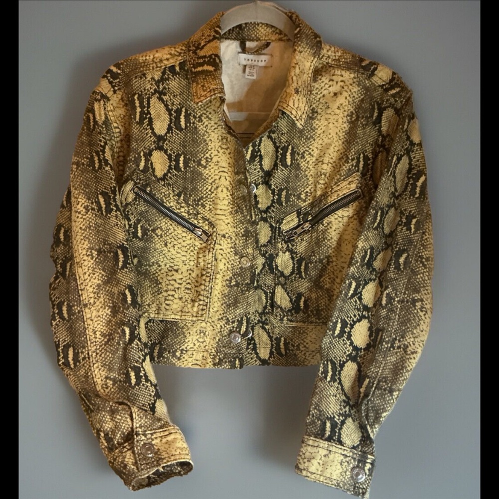 TOPSHOP EDGY RETRO HIP HOP MOB WIFE MOTO  BIKER STYLE SNAKE DENIM JACKET SZ 4